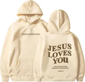 Christian Hoodies for Women Bible Verse Jesus Loves You Letter Graphic Oversized Long Sleeve Pockets Drawstring Sweatshirts