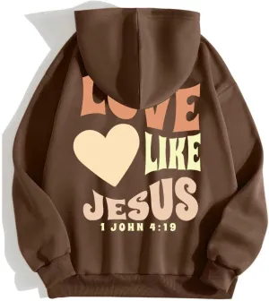 Christian Hoodies for Women Bible Verse Jesus Loves You Letter Graphic Oversized Long Sleeve Pockets Drawstring Sweatshirts