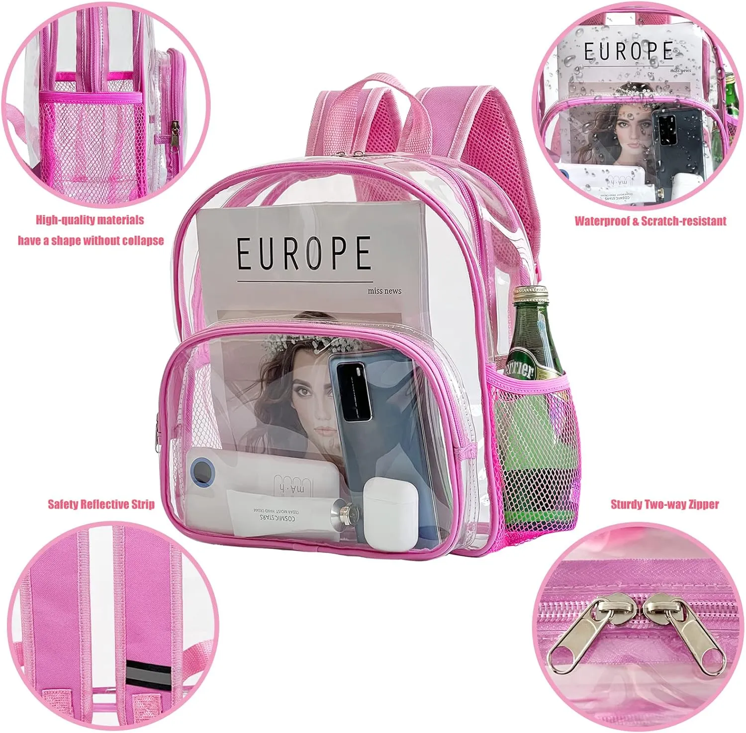 Clear Backpack Stadium 12x6x12 Heavy Duty PVC Plastic transparent Small See Through Mini Clear Bag for Stadium Events Schools Concert Festival Sport Security Travel Women kids,Pink