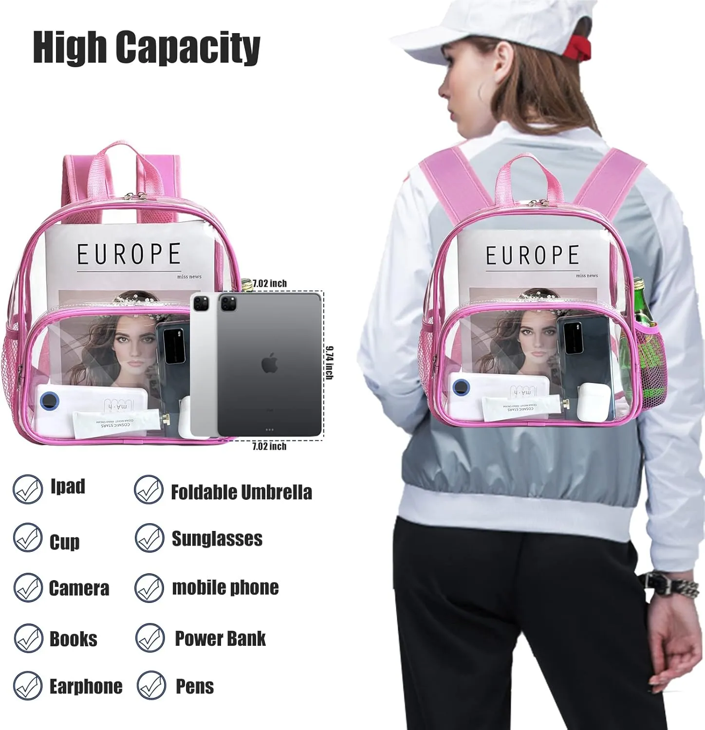Clear Backpack Stadium 12x6x12 Heavy Duty PVC Plastic transparent Small See Through Mini Clear Bag for Stadium Events Schools Concert Festival Sport Security Travel Women kids,Pink