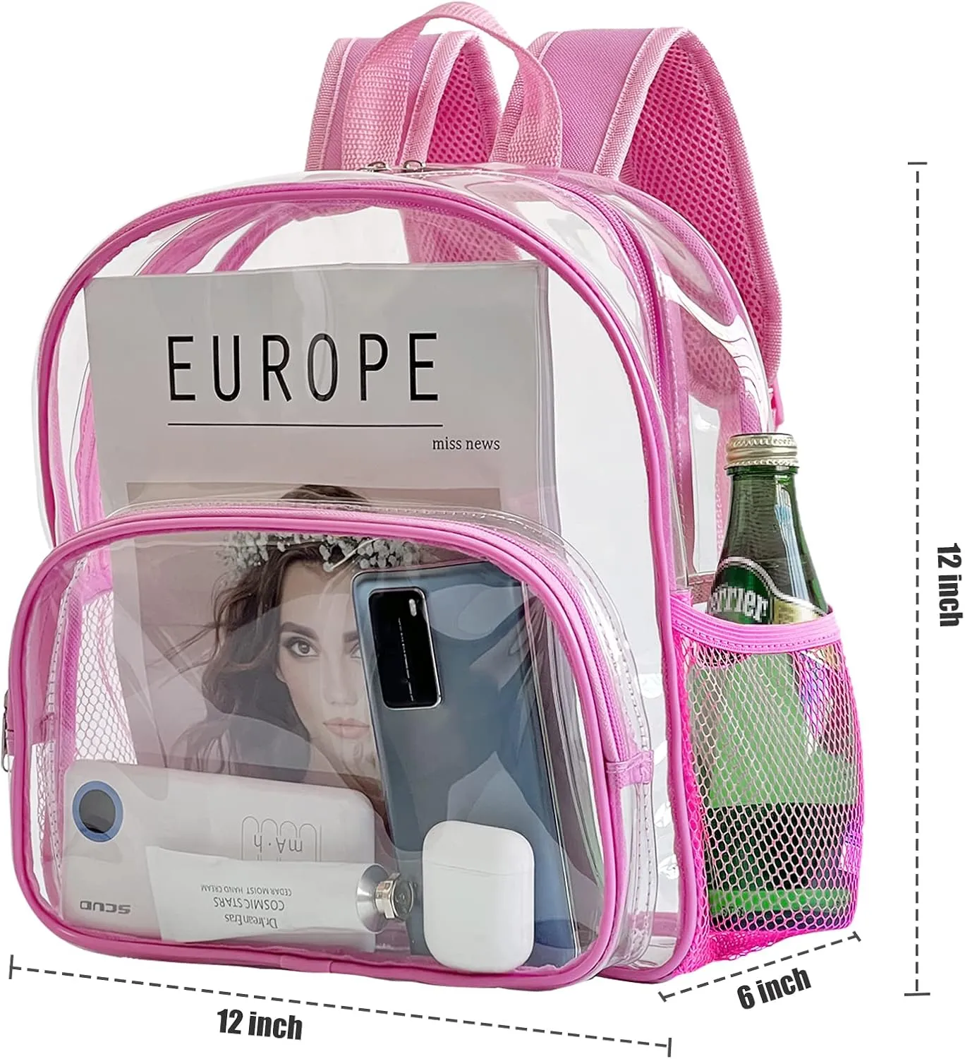 Clear Backpack Stadium 12x6x12 Heavy Duty PVC Plastic transparent Small See Through Mini Clear Bag for Stadium Events Schools Concert Festival Sport Security Travel Women kids,Pink