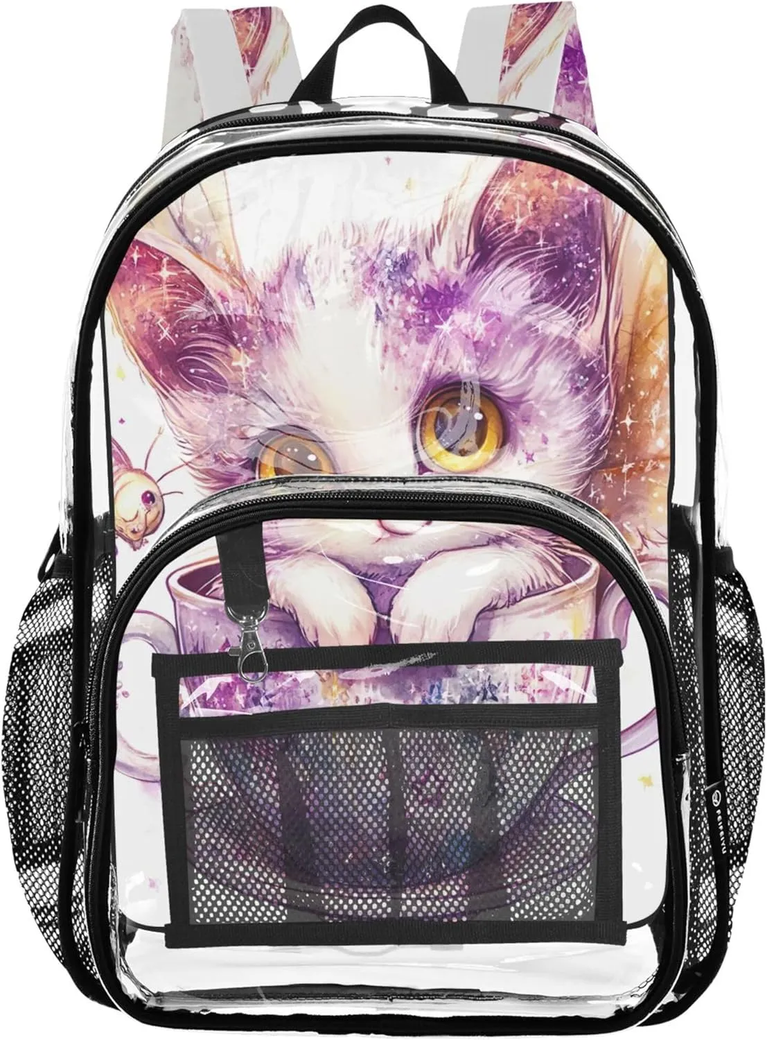 Clear Bag for Women Travel Boys Backpacks for Girls Plastic Transparent Bookbag Cute Kitten Adorable Cat Print