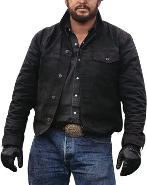 Cole Hauser Rip Wheeler Black Jean Lightweight Rigid Denim and Suede Leather Costume Ranch Cowboy Jacket For Men