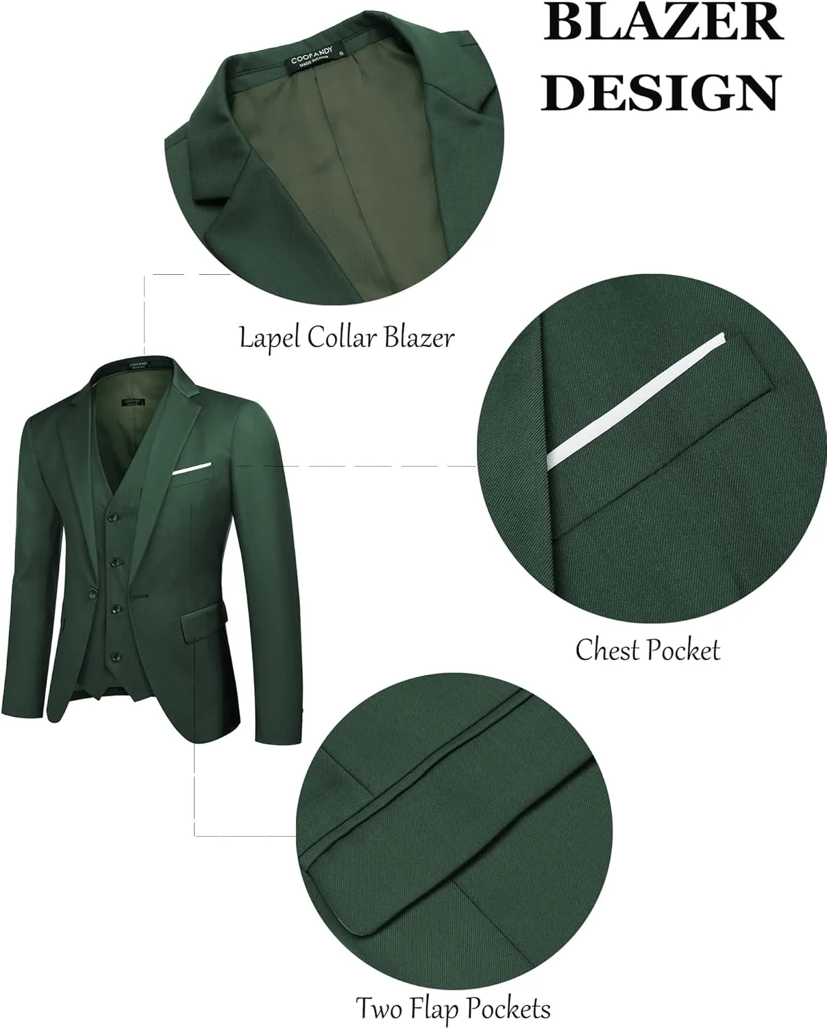 COOFANDY Mens 3 Piece Suits One Button Blazer Jacket Slim Fit Vest Suit Pant with Tie