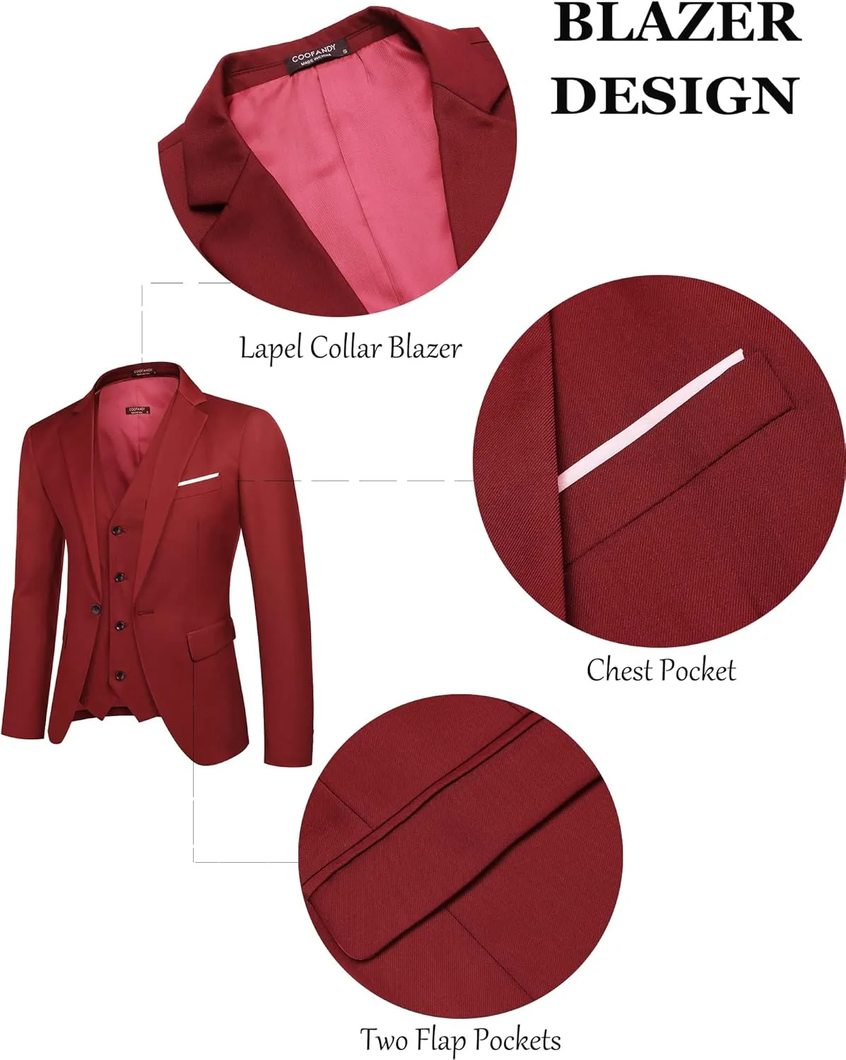 COOFANDY Mens 3 Piece Suits One Button Blazer Jacket Slim Fit Vest Suit Pant with Tie