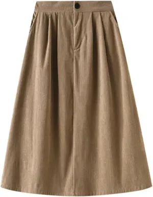 Corduroy Pleated Winter Women Midi Skirts High Waist Solid Korean Style Draped A-Line Umbrella Skirt