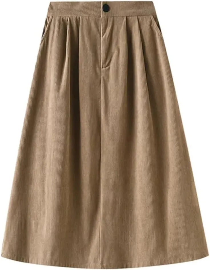 Corduroy Pleated Winter Women Midi Skirts High Waist Solid Korean Style Draped A-Line Umbrella Skirt