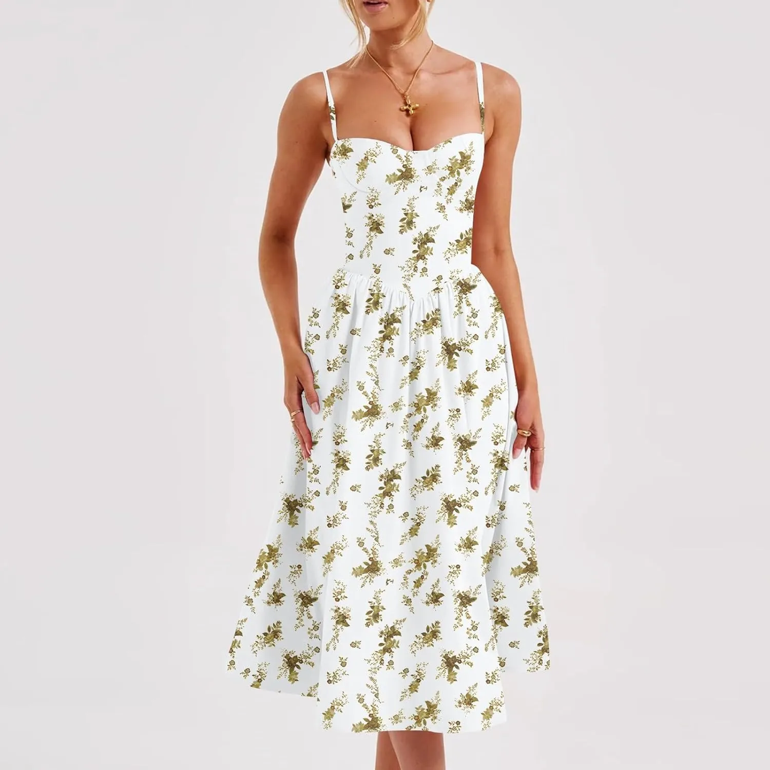Corset Dress for Women 2024 Formal Spaghetti Strap Bustier Midi Dresses Flowy Pleated Hem Corset Sundress