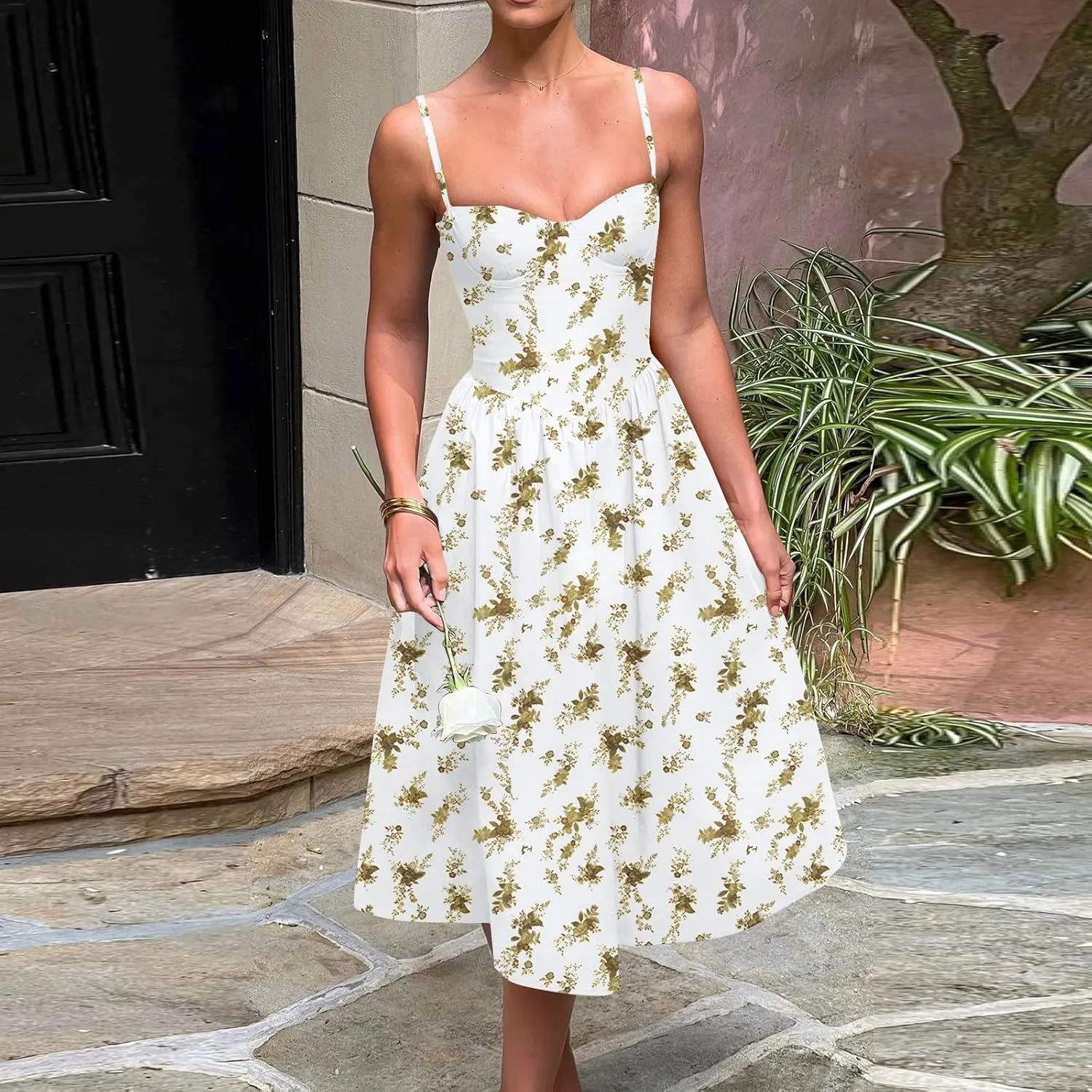 Corset Dress for Women 2024 Formal Spaghetti Strap Bustier Midi Dresses Flowy Pleated Hem Corset Sundress