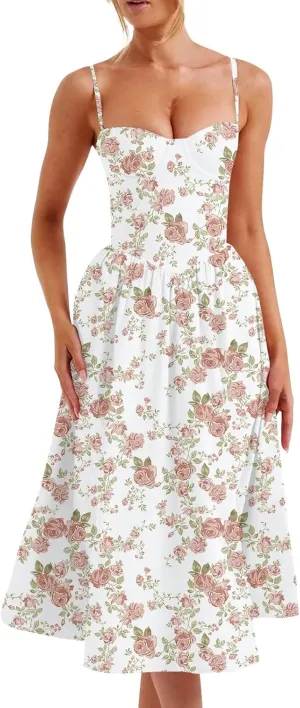 Corset Dress for Women 2024 Formal Spaghetti Strap Bustier Midi Dresses Flowy Pleated Hem Corset Sundress
