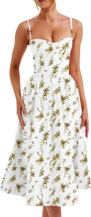 Corset Dress for Women 2024 Formal Spaghetti Strap Bustier Midi Dresses Flowy Pleated Hem Corset Sundress