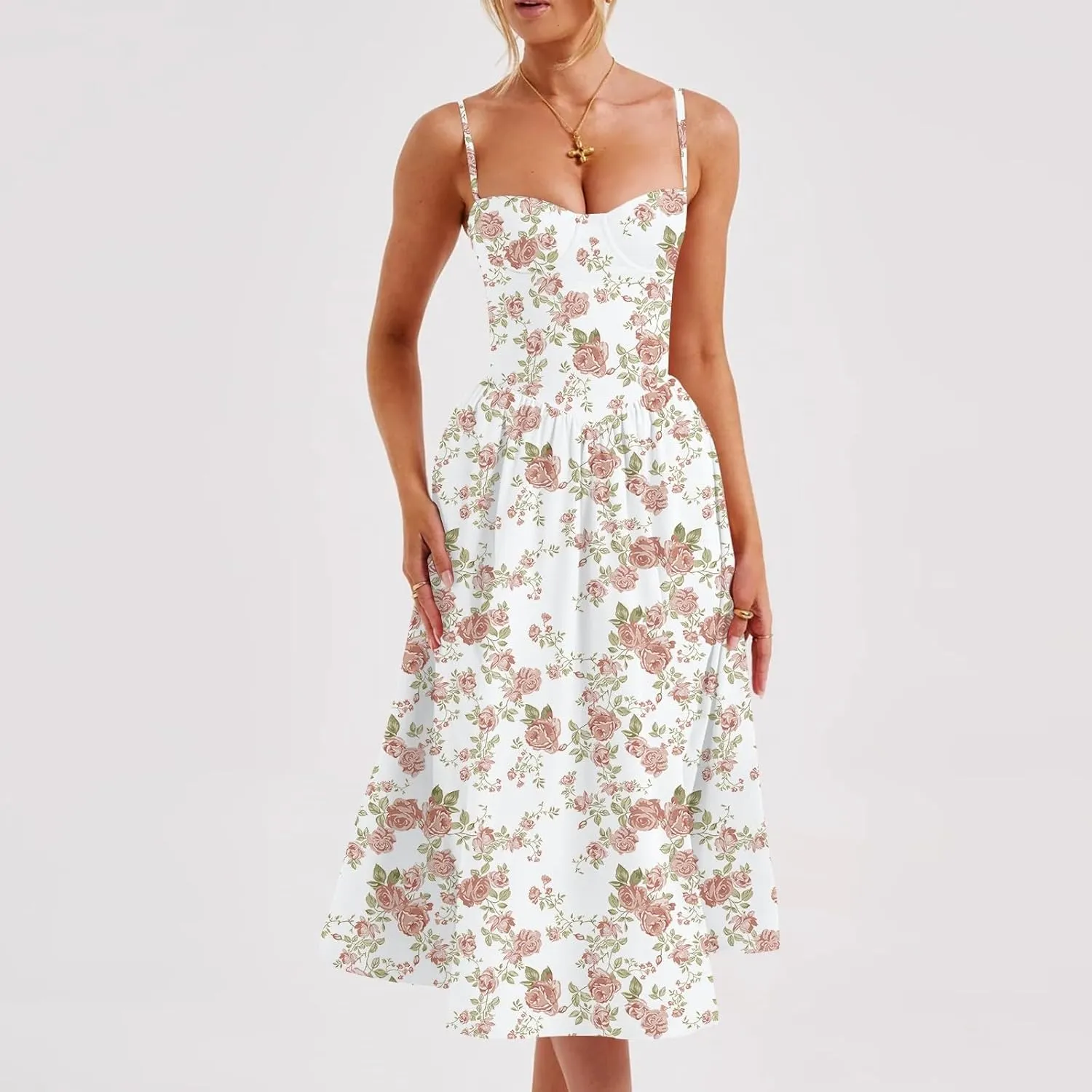 Corset Dress for Women 2024 Formal Spaghetti Strap Bustier Midi Dresses Flowy Pleated Hem Corset Sundress