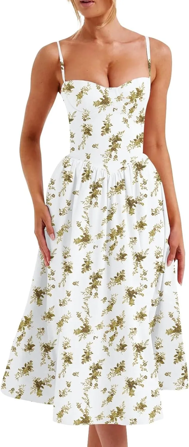 Corset Dress for Women 2024 Formal Spaghetti Strap Bustier Midi Dresses Flowy Pleated Hem Corset Sundress