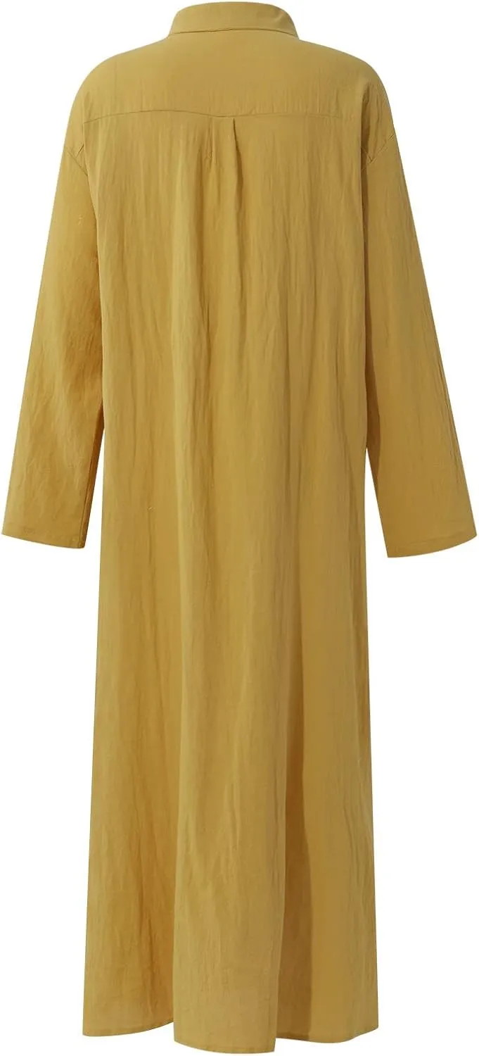 Cotton Linen Dresses for Women,2024 Summer Trendy Lapel Button Down Maxi Dress,Casual Loose Long Sleeve Beach Dress