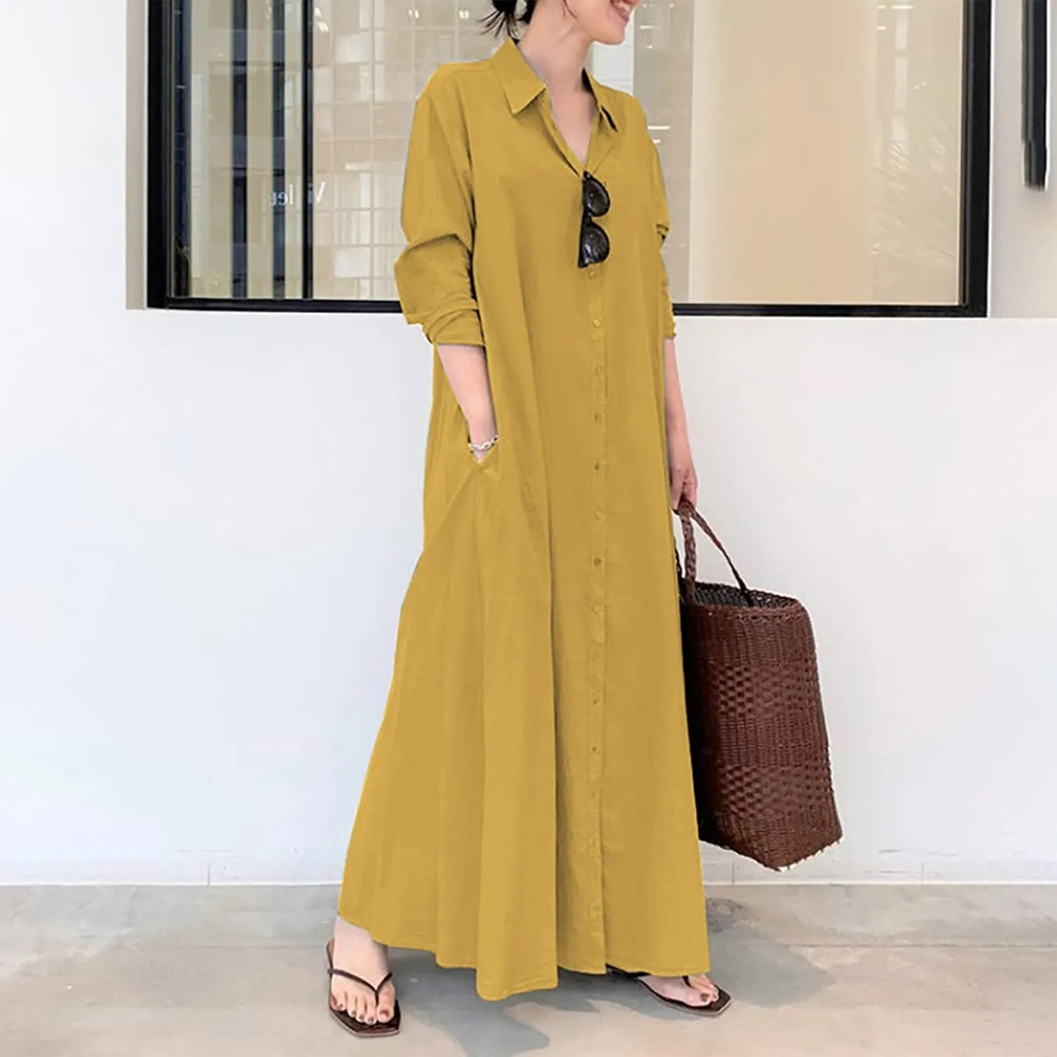 Cotton Linen Dresses for Women,2024 Summer Trendy Lapel Button Down Maxi Dress,Casual Loose Long Sleeve Beach Dress