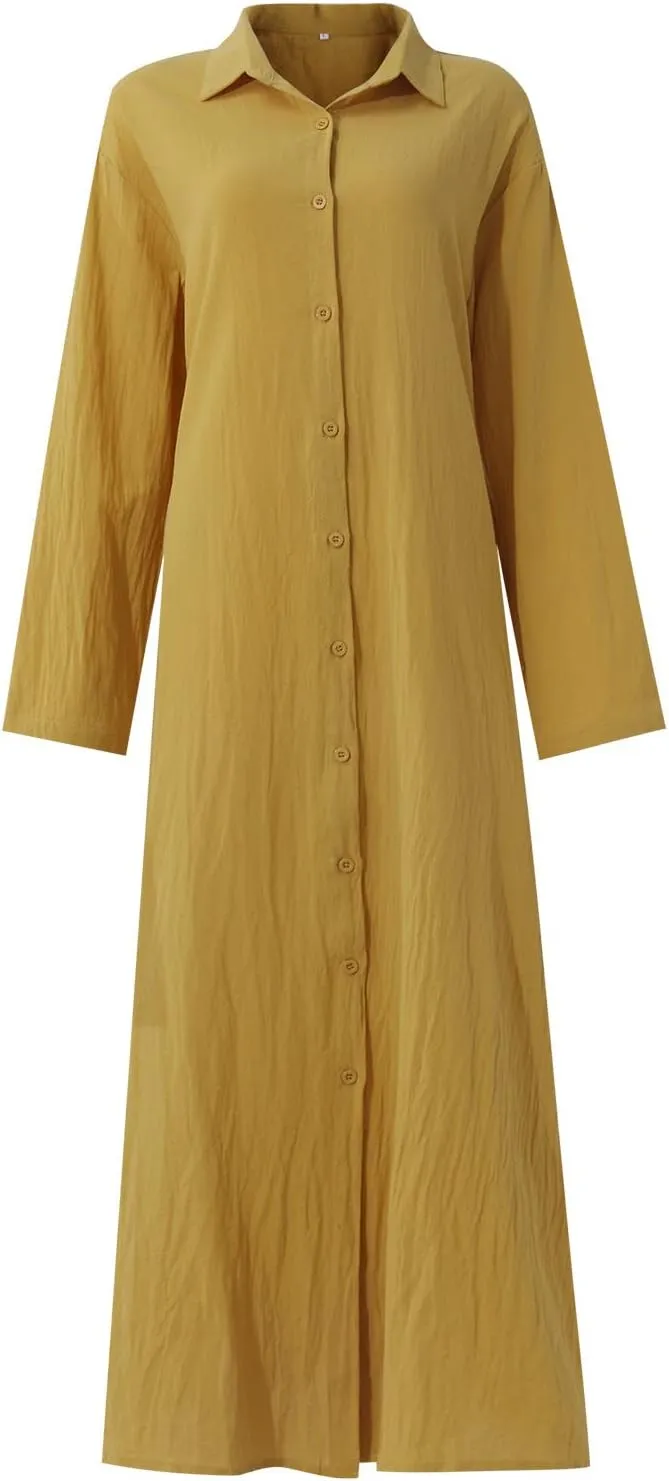 Cotton Linen Dresses for Women,2024 Summer Trendy Lapel Button Down Maxi Dress,Casual Loose Long Sleeve Beach Dress