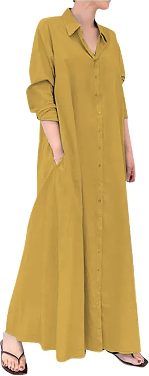 Cotton Linen Dresses for Women,2024 Summer Trendy Lapel Button Down Maxi Dress,Casual Loose Long Sleeve Beach Dress