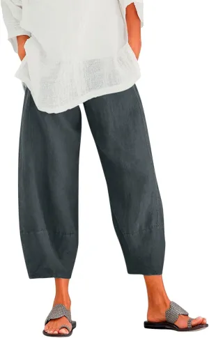 Cotton Linen Pants for Women High Waisted Wide Leg Pants Summer Loose Fit Capris Pants Lightweight Beach Trousers