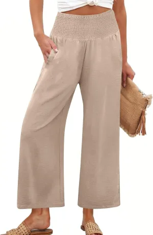 Cropped Linen Pants Women Smocked Elastic Waisted Wide Leg Pants Summer Loose Beach Palazzo Lounge Pant with Pockets