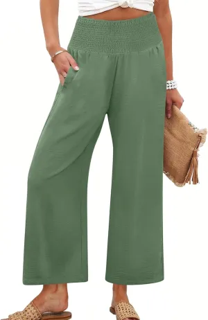 Cropped Linen Pants Women Smocked Elastic Waisted Wide Leg Pants Summer Loose Beach Palazzo Lounge Pant with Pockets