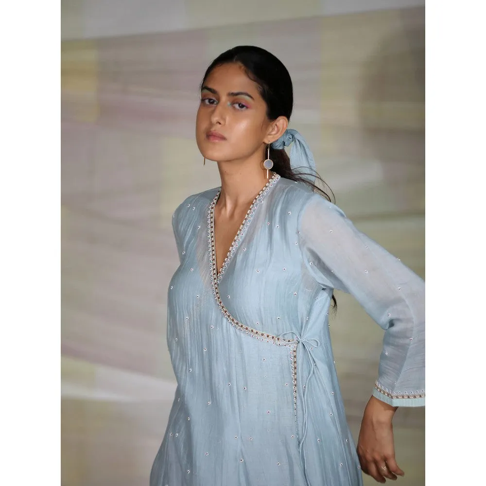 DEEPTHEE Icy Blue Hand Embroidered Kali Angrakha Kurta with Pant & Dupatta (Set of 3)