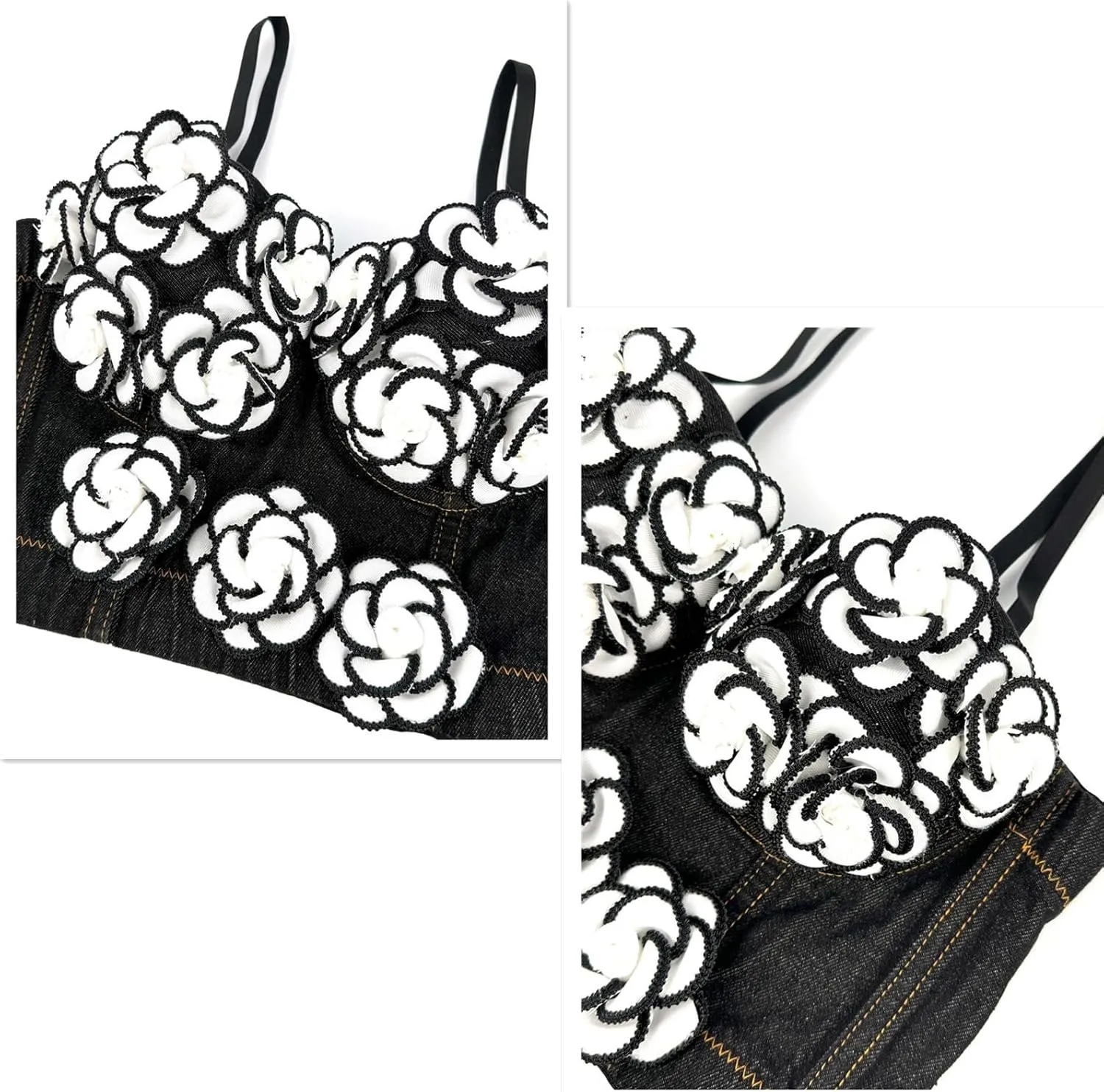 Denim Beaded Rhinestone Diamond Corset Top for Women Sexy Glitter Shapewear Camisole Party Club Rave Festival Clothing(Black flowers,Large)