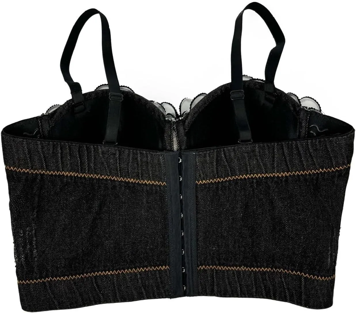 Denim Beaded Rhinestone Diamond Corset Top for Women Sexy Glitter Shapewear Camisole Party Club Rave Festival Clothing(Black flowers,Large)