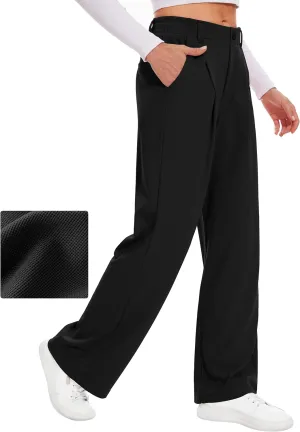 Desol Womens Wide Leg Work Pants Waffle Knit Dress Pants Stretchy High Waisted Slack Casual Palazzo Pants for Women