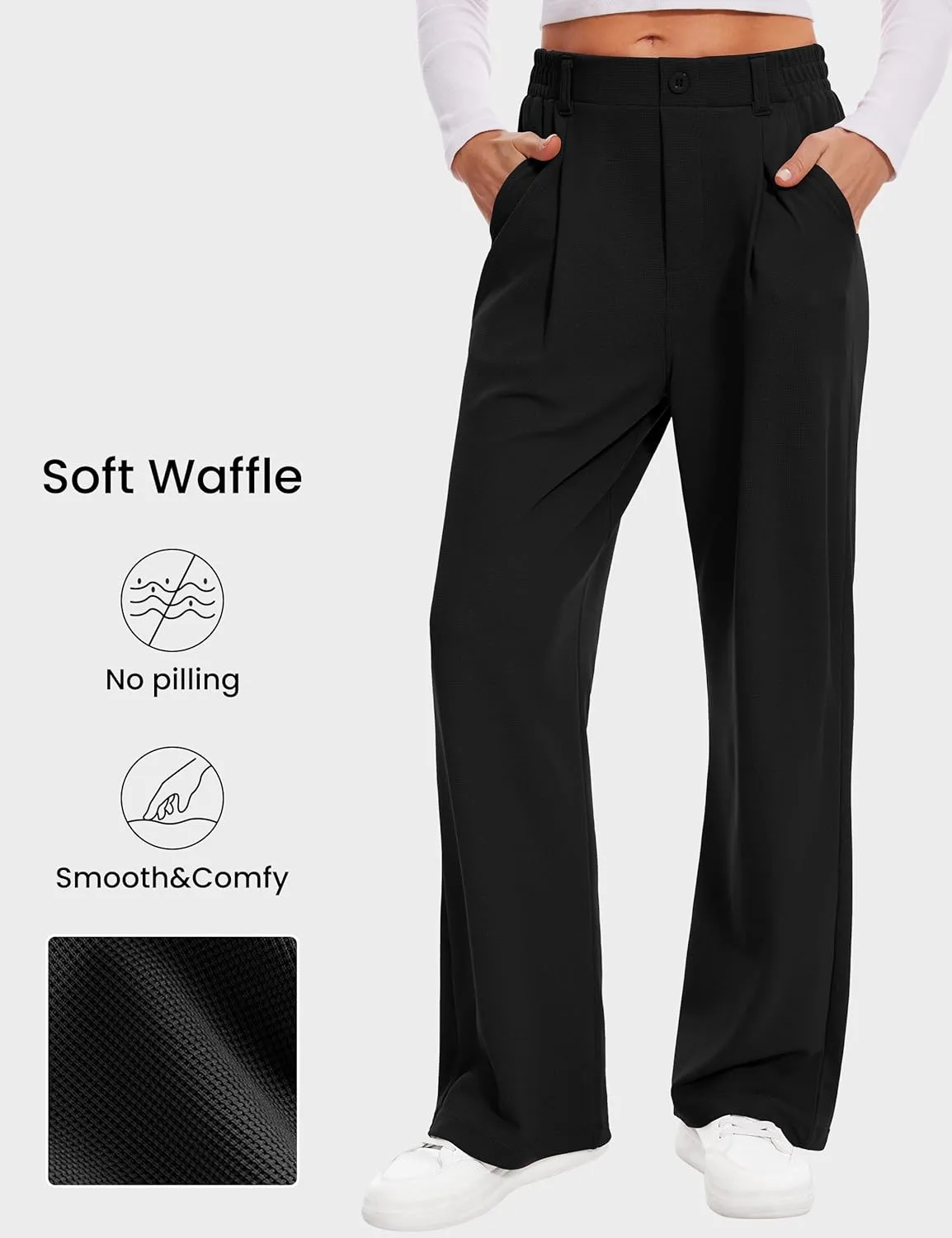 Desol Womens Wide Leg Work Pants Waffle Knit Dress Pants Stretchy High Waisted Slack Casual Palazzo Pants for Women