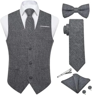 DiBanGu Mens Linen Suit Vest Casual Waistcoat and Necktie & Pre-tied Bowtie Set 6PCS Solid Color Dress Vest for Wedding Party