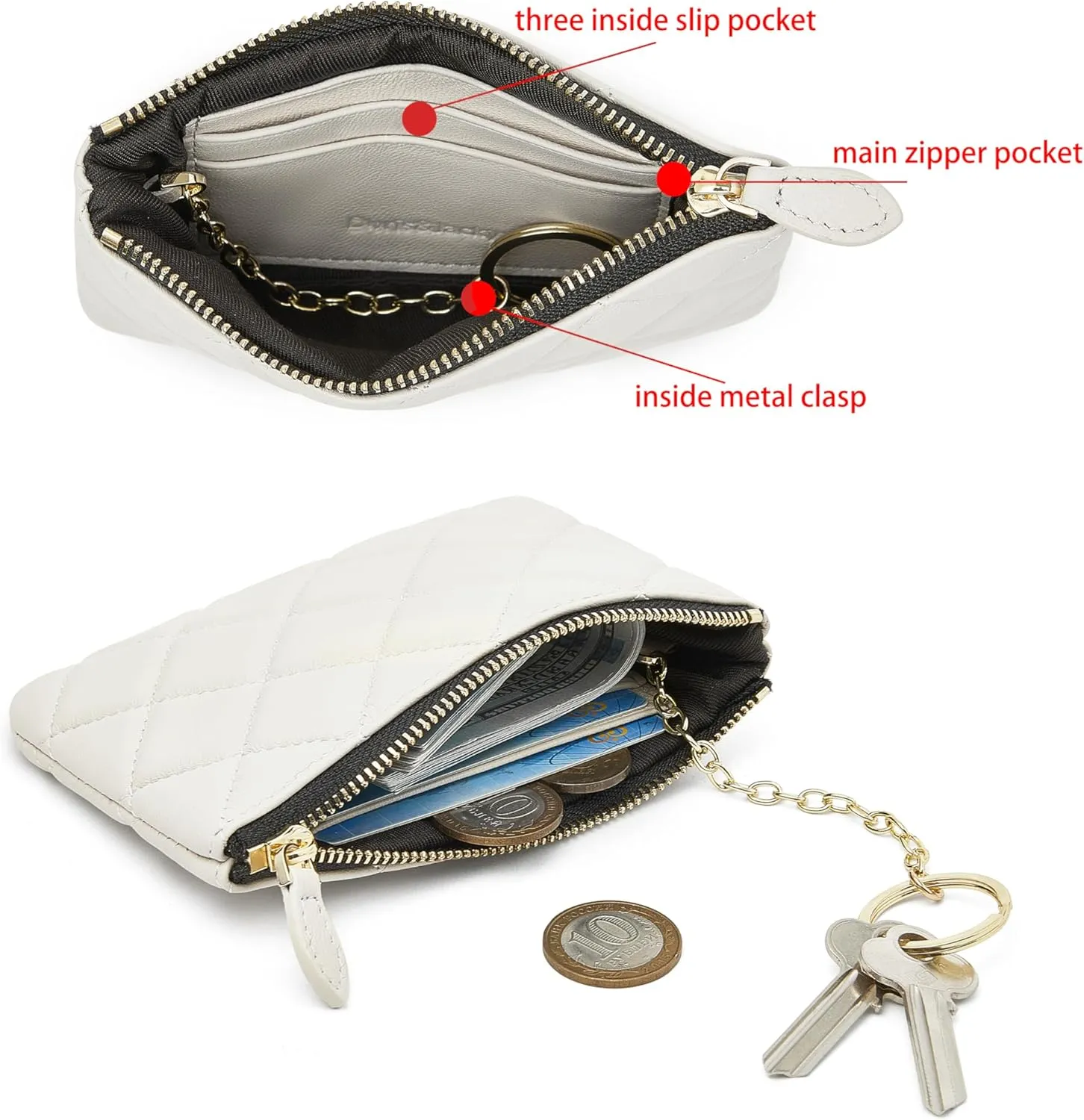 DORIS&JACKY Soft Lambskin Leather Coin Purse Small Quilted RFID Blocking Top Zipper Wallet With Key Chain