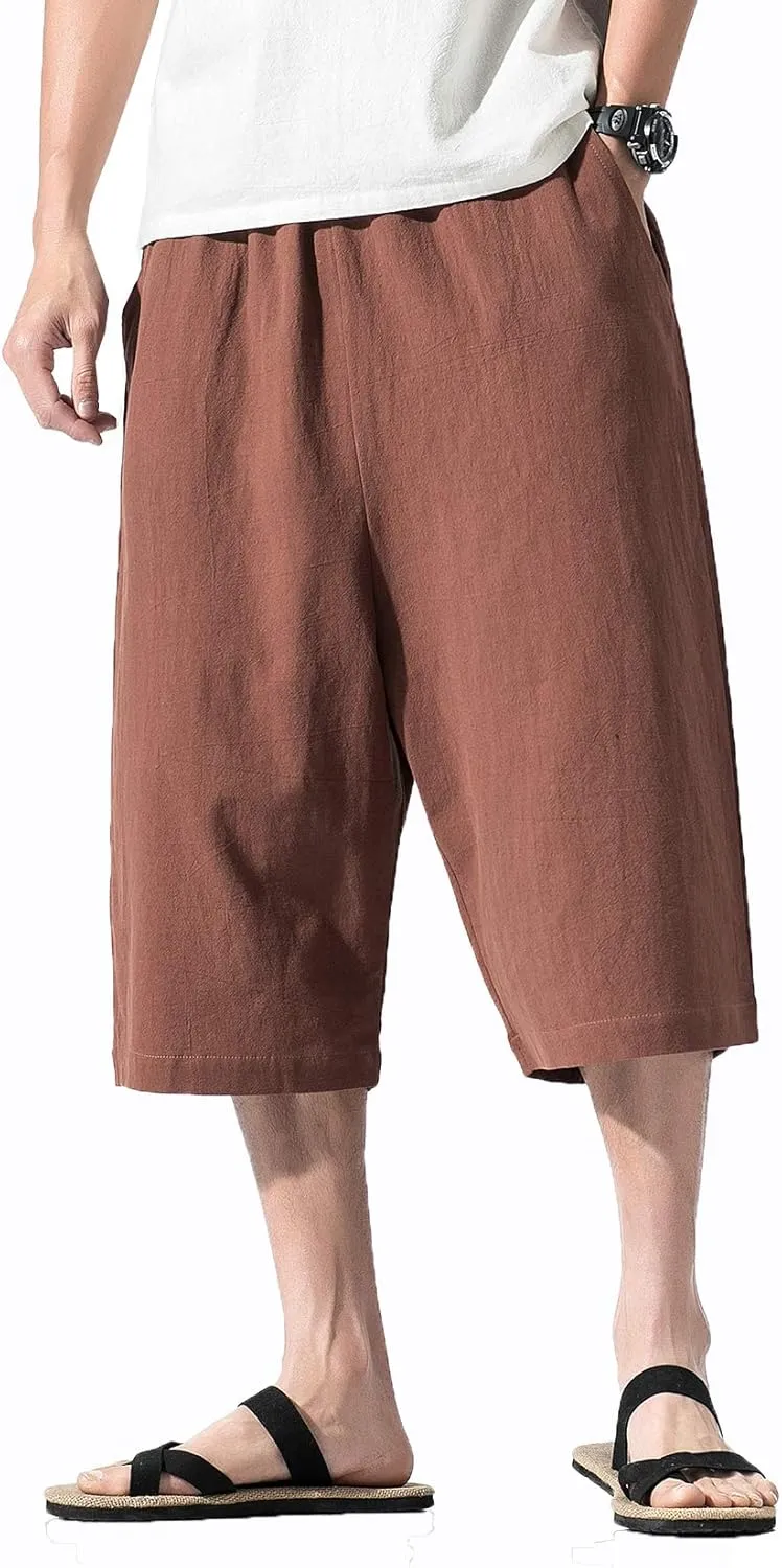 DOSLAVIDA Men's Linen Harem Capri Pants Loose Fit Yoga Beach Shorts Elastic Waist Wide Leg Baggy Cropped Trousers