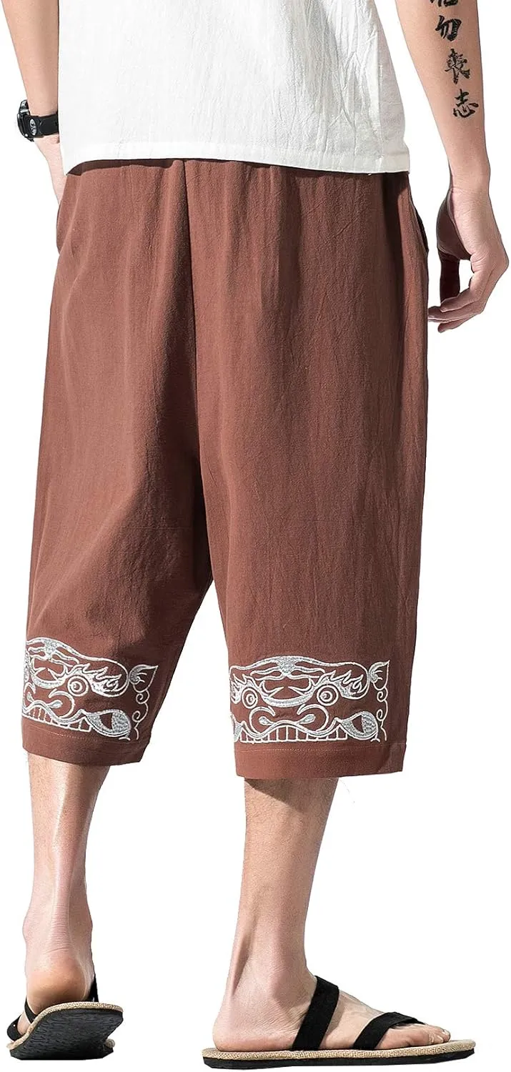 DOSLAVIDA Men's Linen Harem Capri Pants Loose Fit Yoga Beach Shorts Elastic Waist Wide Leg Baggy Cropped Trousers