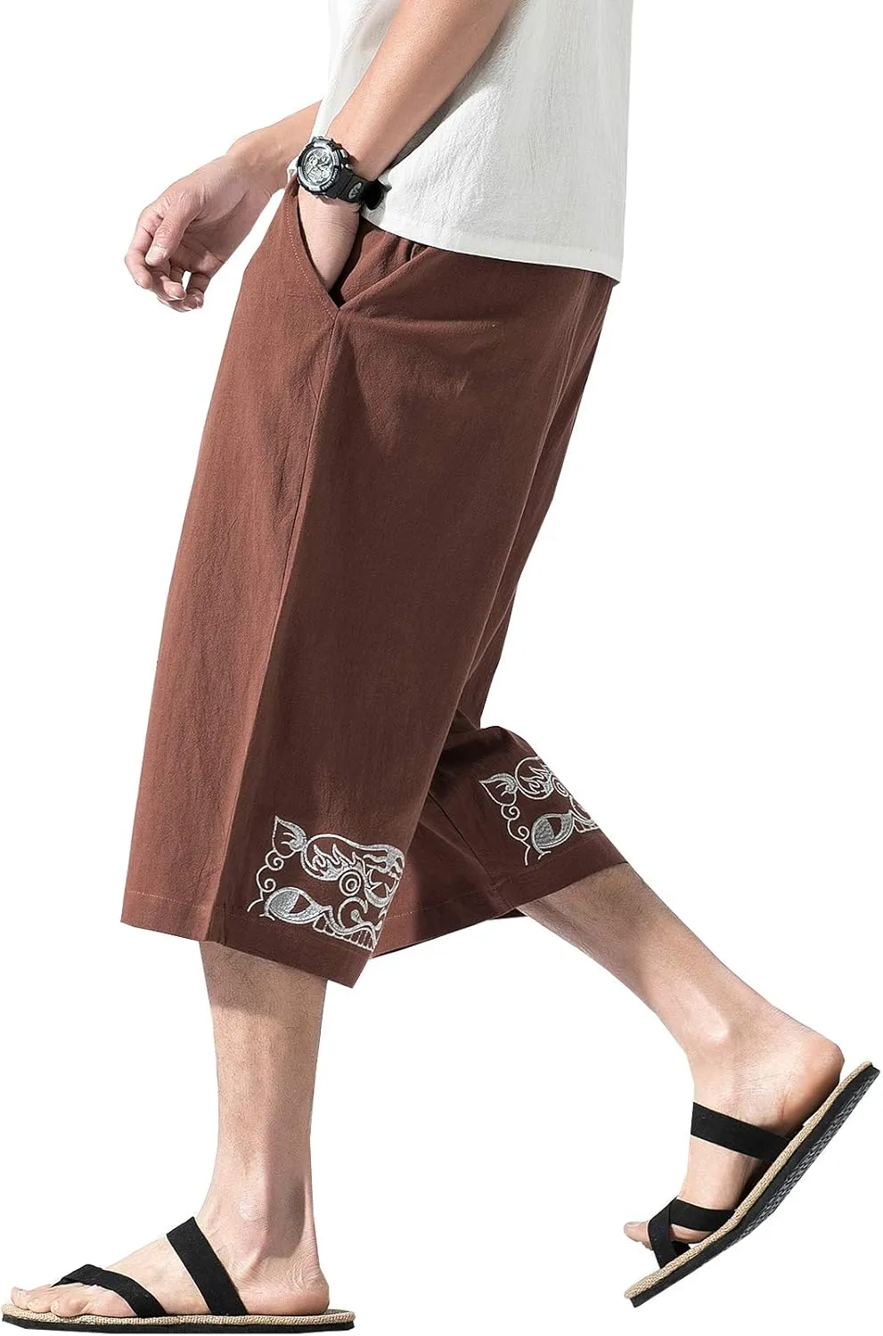 DOSLAVIDA Men's Linen Harem Capri Pants Loose Fit Yoga Beach Shorts Elastic Waist Wide Leg Baggy Cropped Trousers