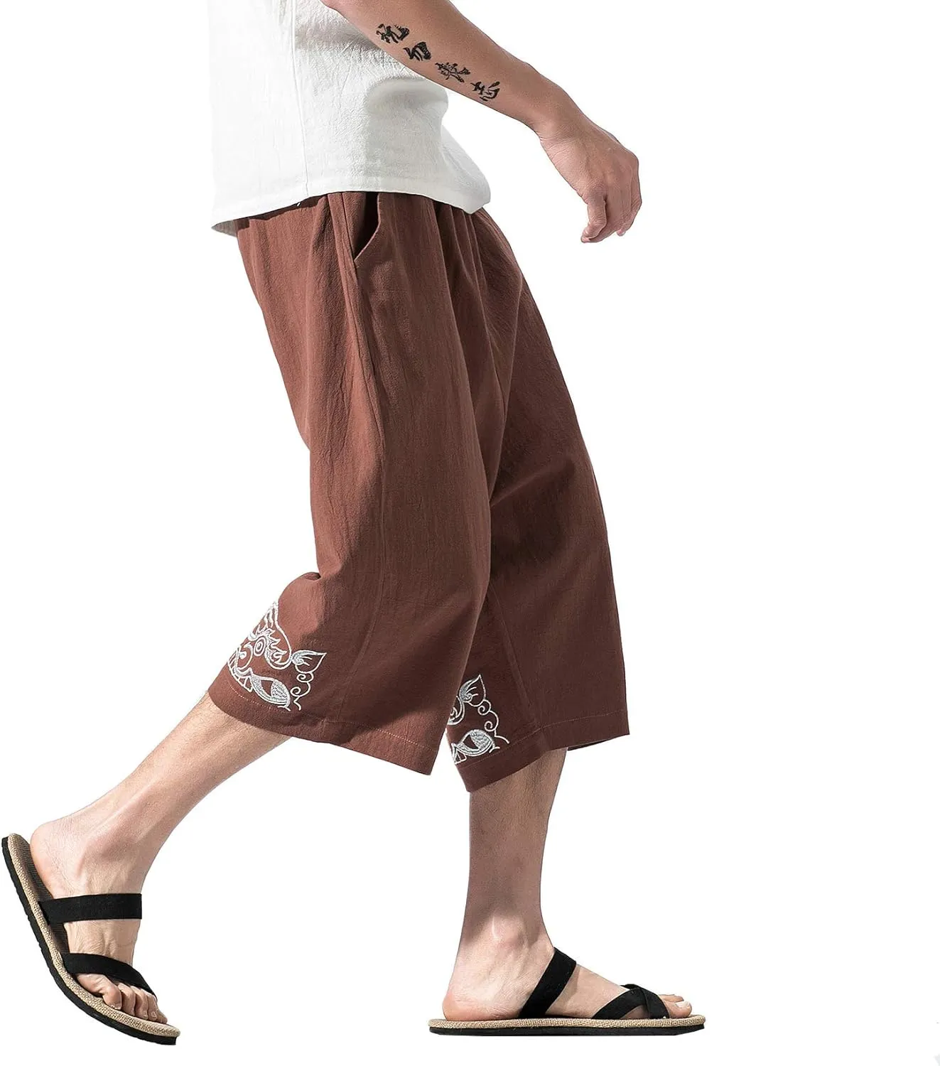 DOSLAVIDA Men's Linen Harem Capri Pants Loose Fit Yoga Beach Shorts Elastic Waist Wide Leg Baggy Cropped Trousers