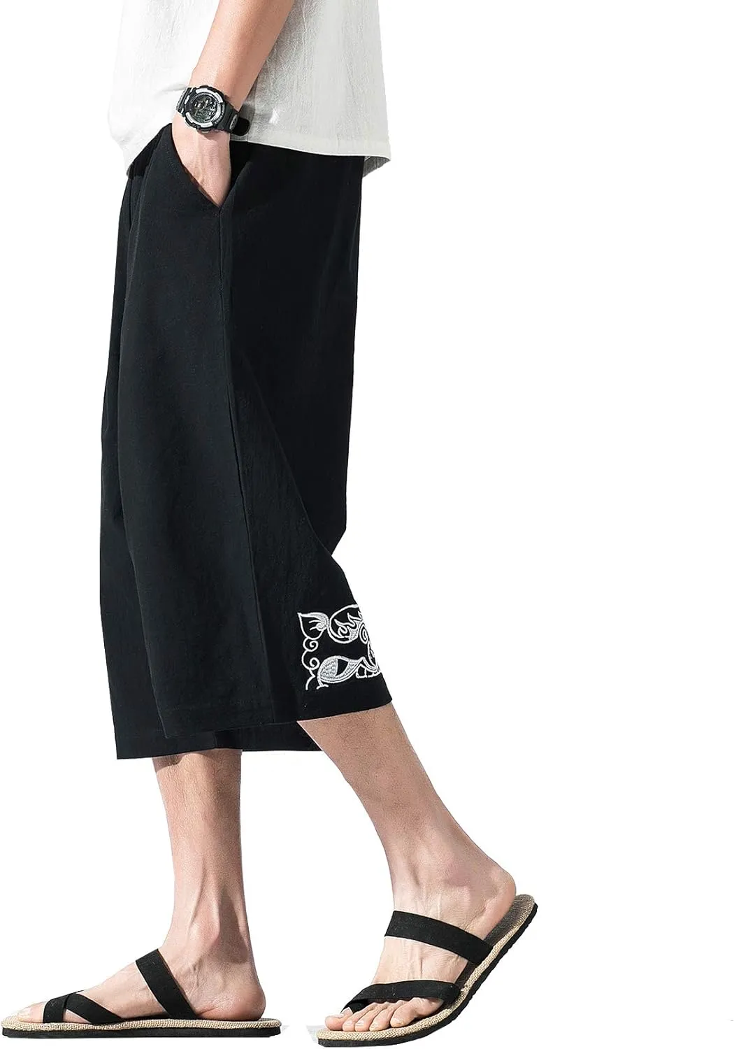 DOSLAVIDA Men's Linen Harem Capri Pants Loose Fit Yoga Beach Shorts Elastic Waist Wide Leg Baggy Cropped Trousers