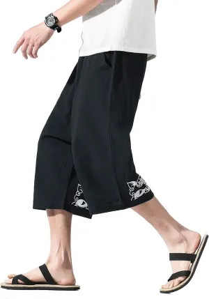 DOSLAVIDA Men's Linen Harem Capri Pants Loose Fit Yoga Beach Shorts Elastic Waist Wide Leg Baggy Cropped Trousers
