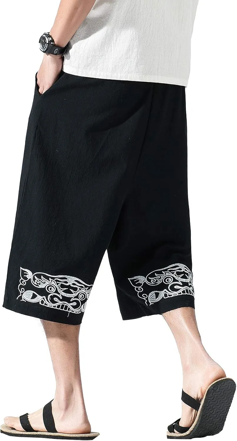 DOSLAVIDA Men's Linen Harem Capri Pants Loose Fit Yoga Beach Shorts Elastic Waist Wide Leg Baggy Cropped Trousers