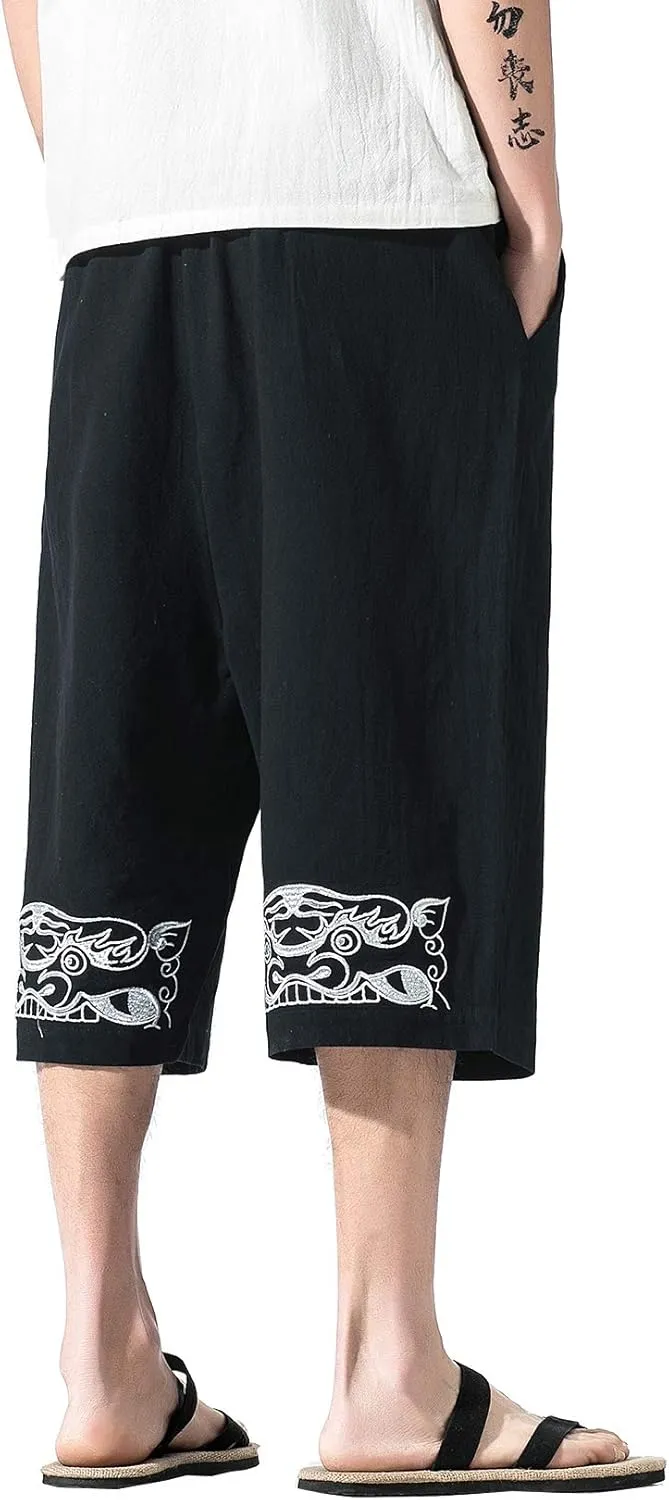DOSLAVIDA Men's Linen Harem Capri Pants Loose Fit Yoga Beach Shorts Elastic Waist Wide Leg Baggy Cropped Trousers