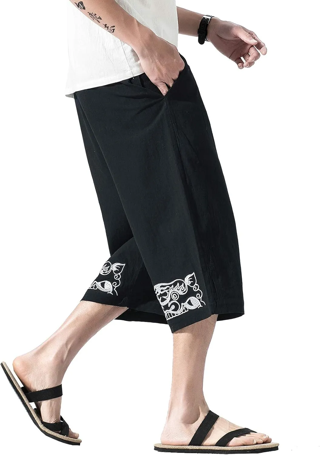 DOSLAVIDA Men's Linen Harem Capri Pants Loose Fit Yoga Beach Shorts Elastic Waist Wide Leg Baggy Cropped Trousers
