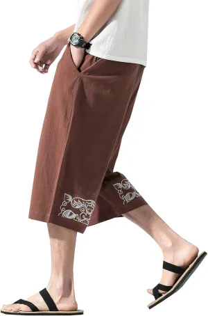 DOSLAVIDA Men's Linen Harem Capri Pants Loose Fit Yoga Beach Shorts Elastic Waist Wide Leg Baggy Cropped Trousers