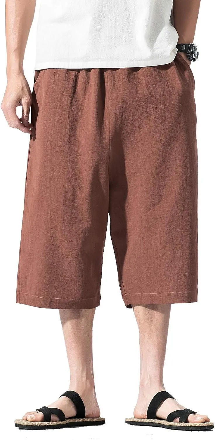 DOSLAVIDA Men's Linen Harem Capri Pants Loose Fit Yoga Beach Shorts Elastic Waist Wide Leg Baggy Cropped Trousers