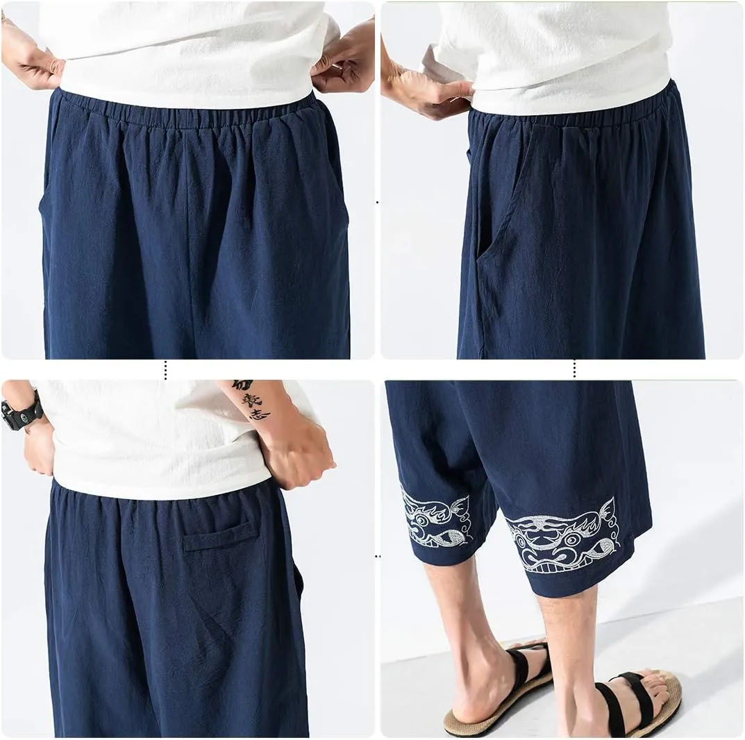 DOSLAVIDA Men's Linen Harem Capri Pants Loose Fit Yoga Beach Shorts Elastic Waist Wide Leg Baggy Cropped Trousers