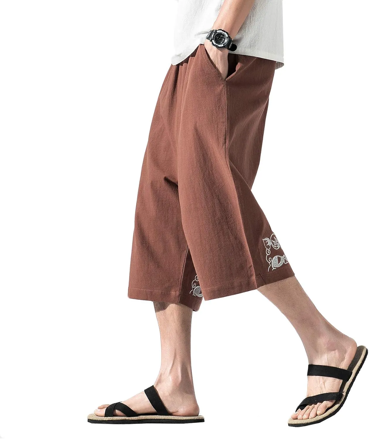 DOSLAVIDA Men's Linen Harem Capri Pants Loose Fit Yoga Beach Shorts Elastic Waist Wide Leg Baggy Cropped Trousers