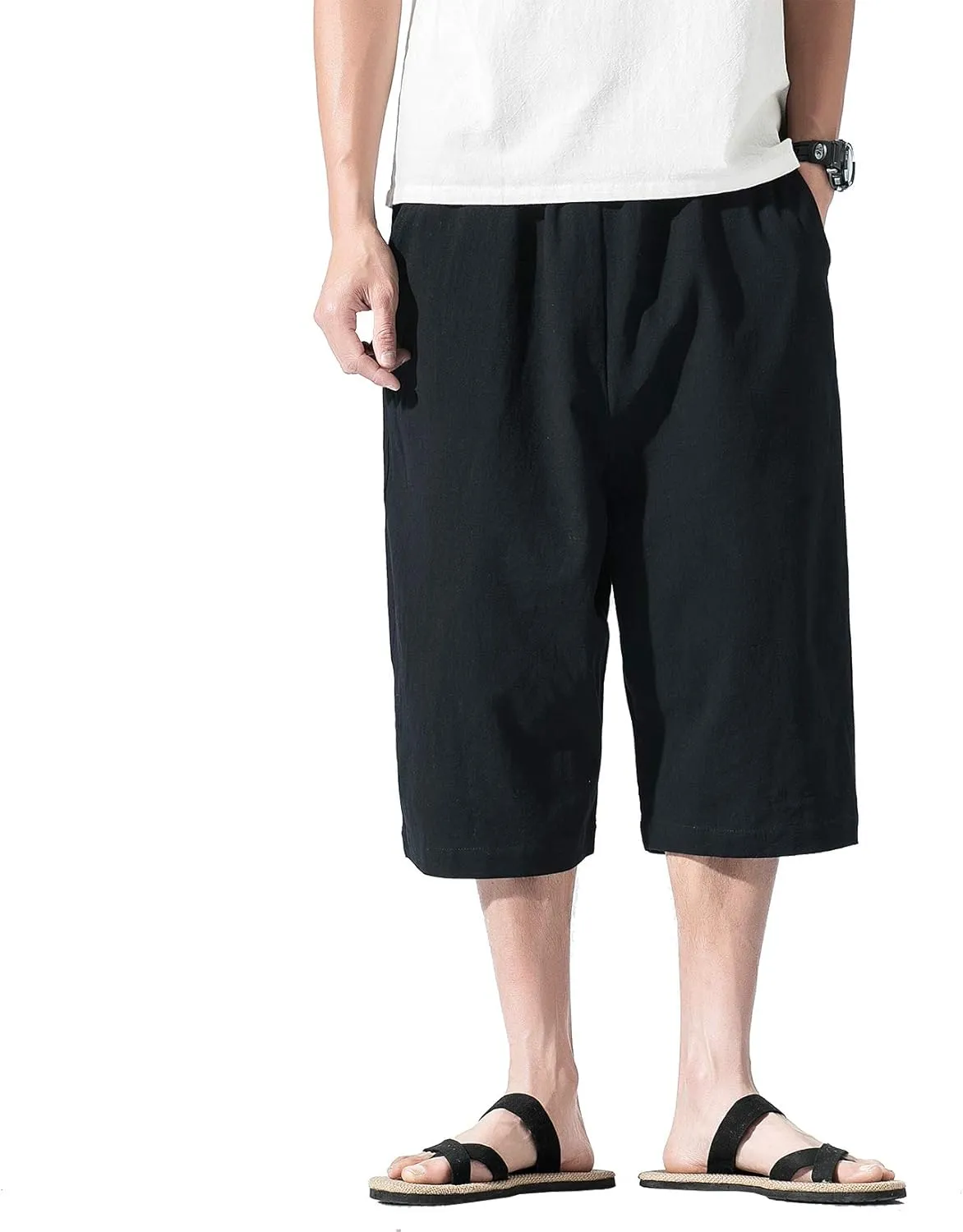 DOSLAVIDA Men's Linen Harem Capri Pants Loose Fit Yoga Beach Shorts Elastic Waist Wide Leg Baggy Cropped Trousers