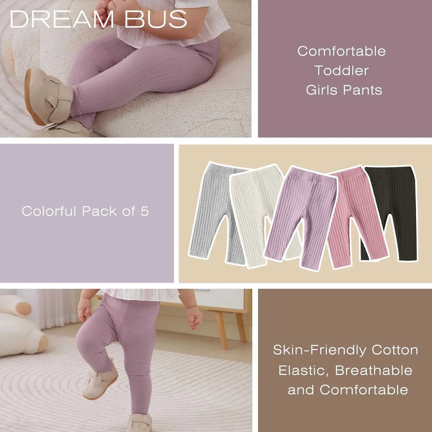 DREAM BUS 5 Pack Toddler Girl Pants Baby Girl Solid Ribbed Pants Toddler Girls Bottoms Leggings Newborn Cotton Jogger