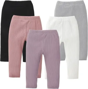 DREAM BUS 5 Pack Toddler Girl Pants Baby Girl Solid Ribbed Pants Toddler Girls Bottoms Leggings Newborn Cotton Jogger