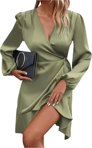 Dresses for Women Solid Color Round Neck Shrunken Pleat Satin Waist Long Lantern Sleeve Elastic Waist Fashion Dress
