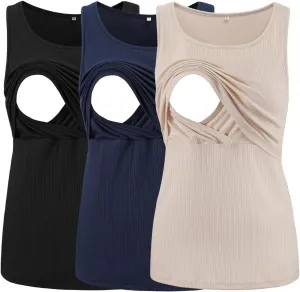 Ecavus Women's 3-Pack Ribbed Nursing Tank Tops Sleeveless Maternity Breastfeeding Shirts Double Layer Pregnancy Clothes