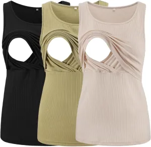 Ecavus Women's 3-Pack Ribbed Nursing Tank Tops Sleeveless Maternity Breastfeeding Shirts Double Layer Pregnancy Clothes